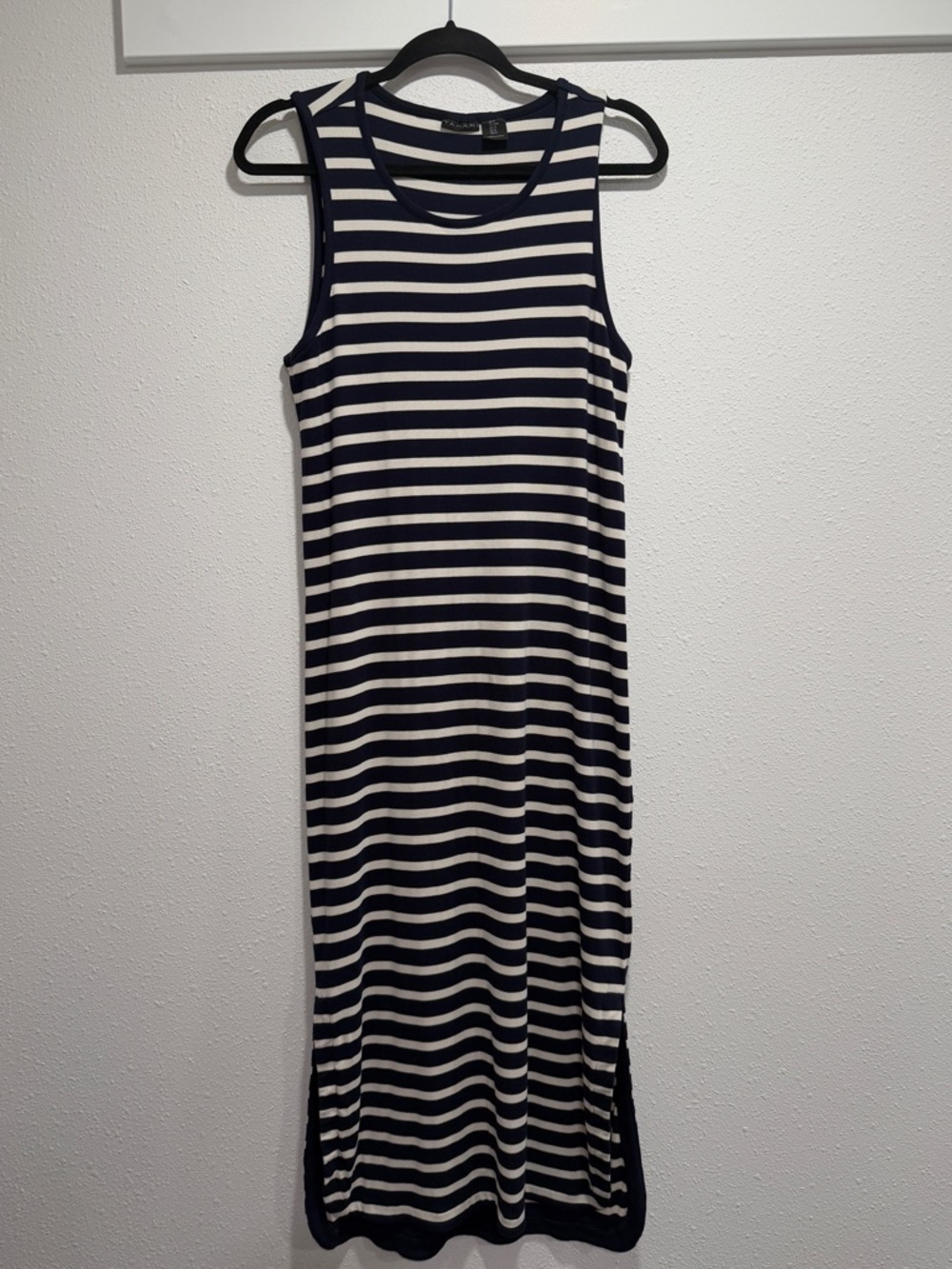 Tahari Navy and White Striped Sleeveless Maxi Dress